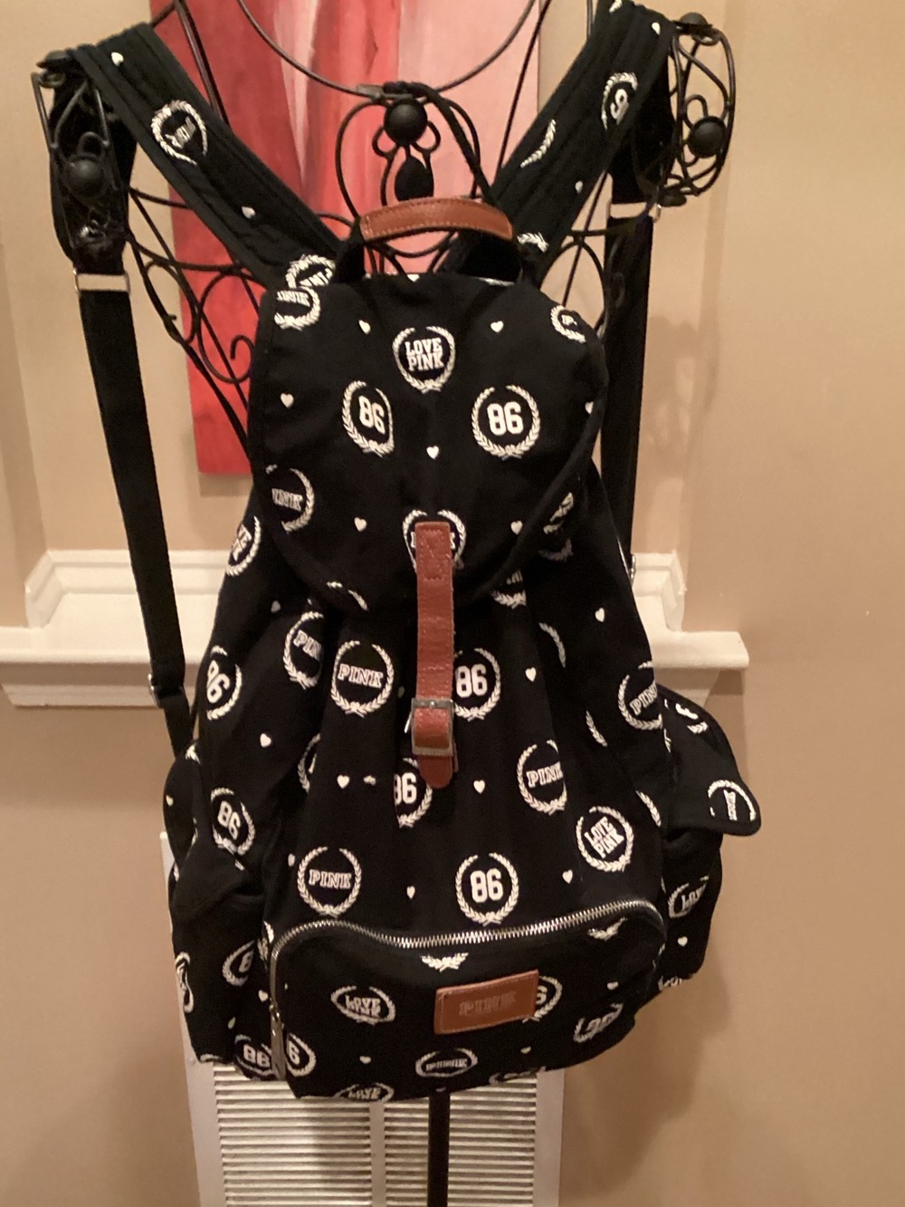 PINK Victoria's Secret Black Backpack with Brown Trim